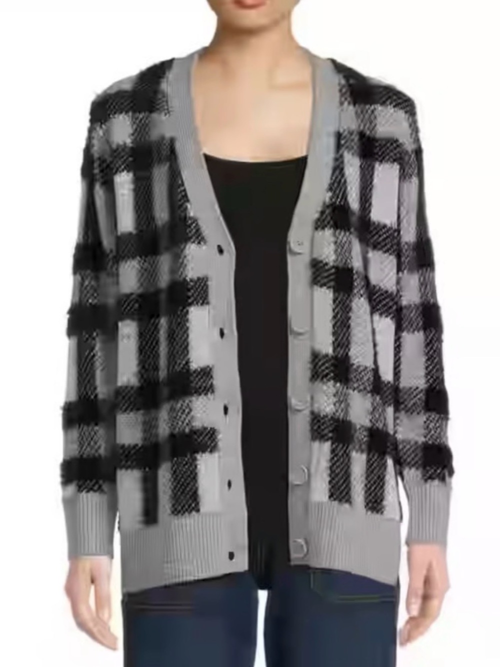 Time & Tru Womens Gray Plaid Over-Sized Cardigan Sweater Sz S Fuzzy Soft E-8